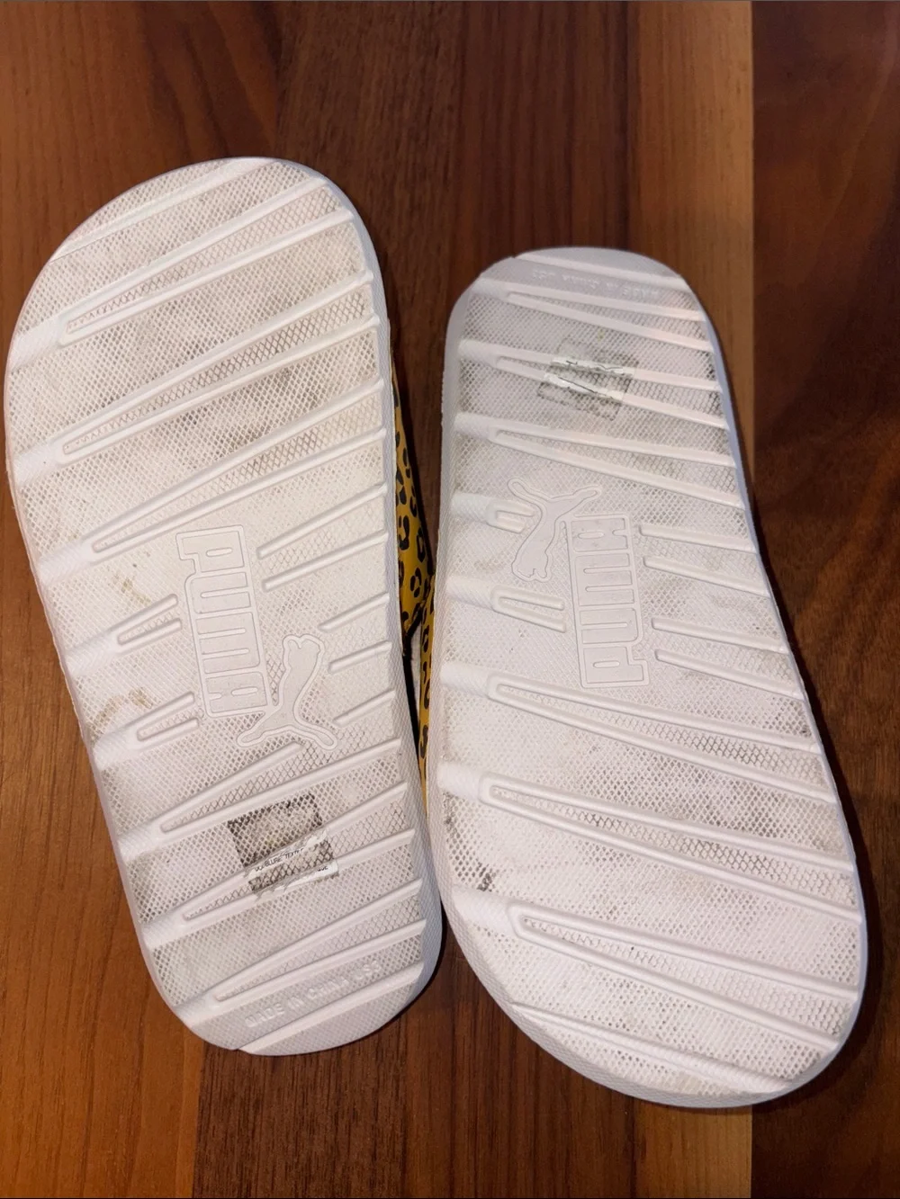 Puma Kids Leopard Print Yellow Slide Sandals with Gold Logo